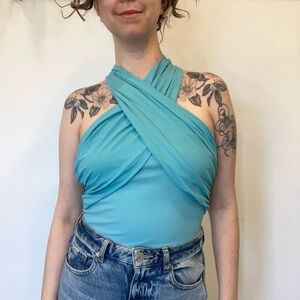 Chiara Boni Aqua Cross-Wrap Halter Bodysuit